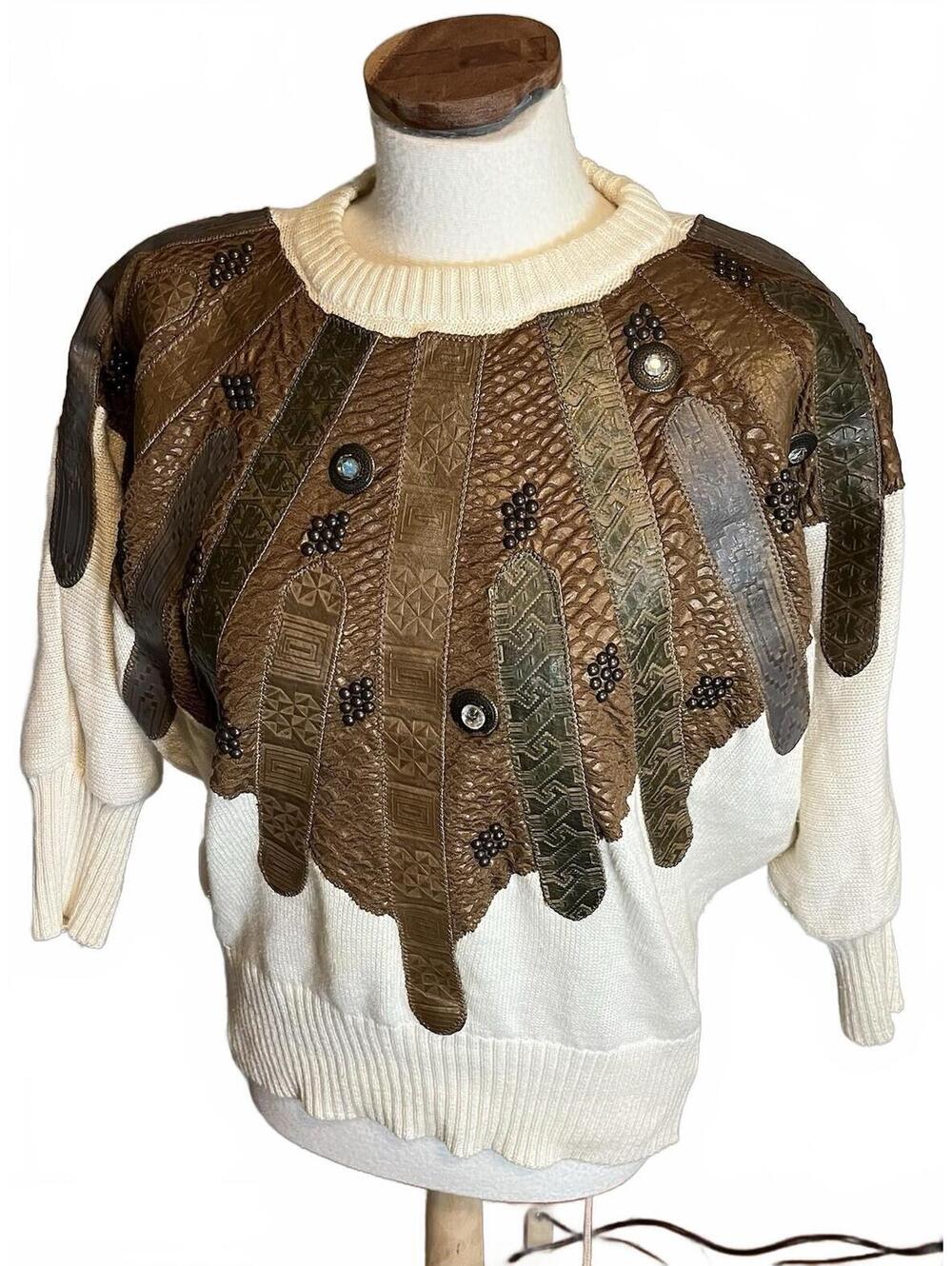 80s Leather Rhinestones Southwestern White OS Sweater Rina Dynavsky Cotton Blend